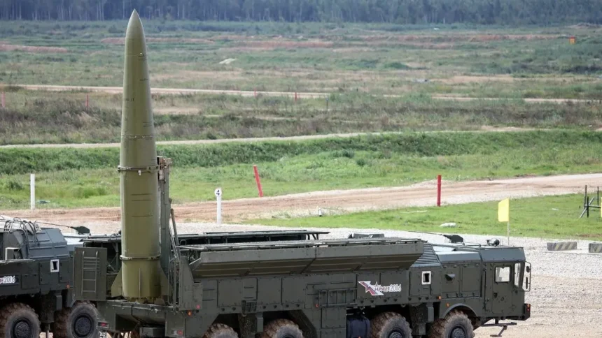 9K720 Iskander-M tactical ballistic missile system deployed in a field setting.