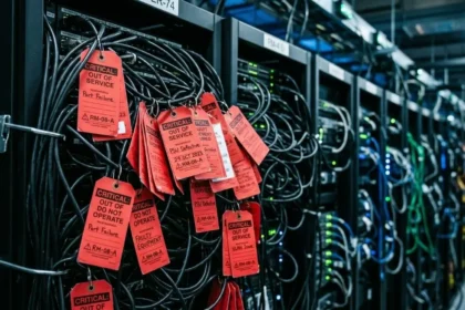 A visualization of the structural bottleneck of patching thousands of security flaws identified by Anthropic's model: a dense cluster of red 'CRITICAL: OUT OF SERVICE' maintenance tags hanging from tangled black server cables in a dimly lit data center. (Generative AI Image)