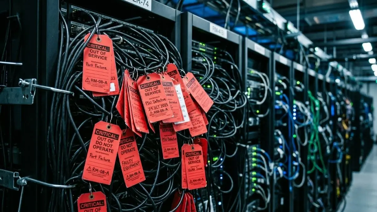A visualization of the structural bottleneck of patching thousands of security flaws identified by Anthropic's model: a dense cluster of red 'CRITICAL: OUT OF SERVICE' maintenance tags hanging from tangled black server cables in a dimly lit data center. (Generative AI Image)