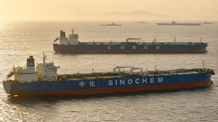 Two Chinese supertankers bypassing the US military blockade in the Strait of Hormuz, May 2026.