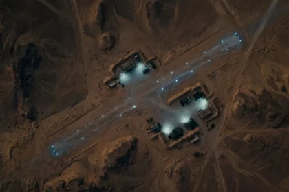 A conceptual satellite map highlighting unauthorized, clandestine military infrastructure deep within the Western Iraqi desert.