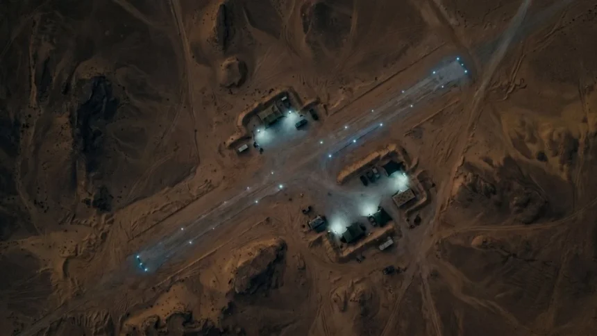 A conceptual satellite map highlighting unauthorized, clandestine military infrastructure deep within the Western Iraqi desert.