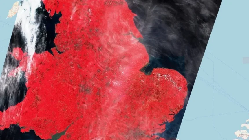 False-color infrared Sentinel-2 satellite view showcasing intense thermal and heat concentration over the United Kingdom during the May 2026 European heat dome anomaly.