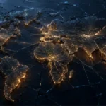 An elevated, detailed view of a world map rendered as a network of glowing golden lines and nodes, signifying global connectivity and data flows, superimposed on a dark, intricately fractured, marble-like surface. This image is generated by artificial intelligence.