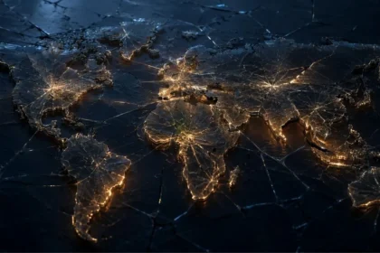 An elevated, detailed view of a world map rendered as a network of glowing golden lines and nodes, signifying global connectivity and data flows, superimposed on a dark, intricately fractured, marble-like surface. This image is generated by artificial intelligence.