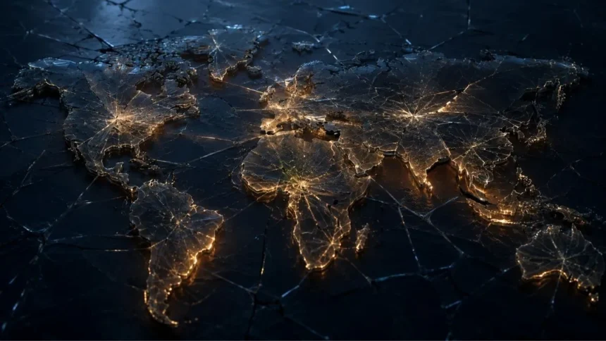 An elevated, detailed view of a world map rendered as a network of glowing golden lines and nodes, signifying global connectivity and data flows, superimposed on a dark, intricately fractured, marble-like surface. This image is generated by artificial intelligence.
