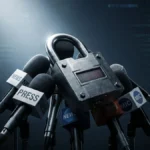 A heavy digital padlock securing a cluster of press microphones, representing the algorithmic censorship of journalists.