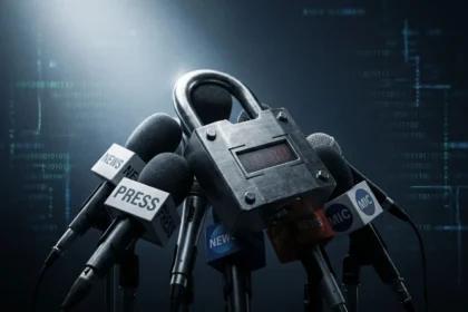 A heavy digital padlock securing a cluster of press microphones, representing the algorithmic censorship of journalists.