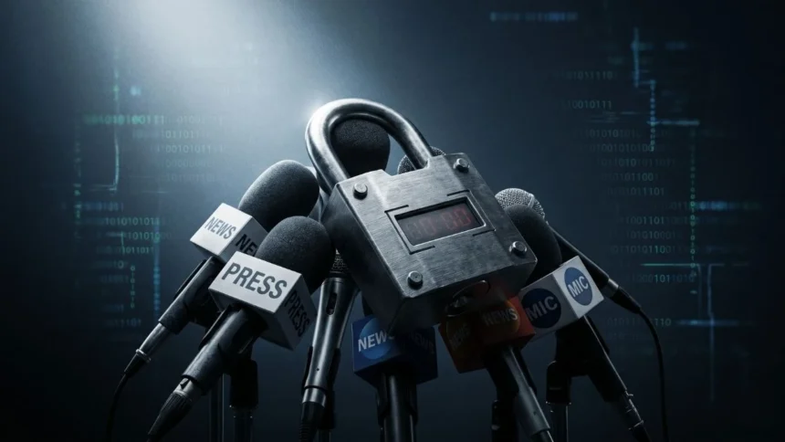 A heavy digital padlock securing a cluster of press microphones, representing the algorithmic censorship of journalists.