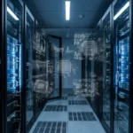 A conceptual visualization of hardware blueprints and proprietary schematics leaking from a secure server environment following the Foxconn ransomware breach.