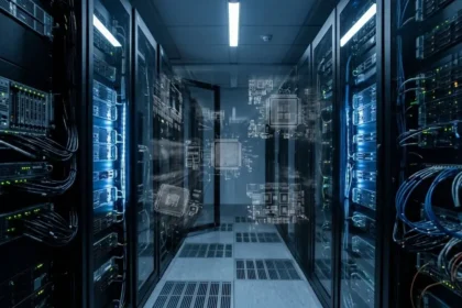 A conceptual visualization of hardware blueprints and proprietary schematics leaking from a secure server environment following the Foxconn ransomware breach.