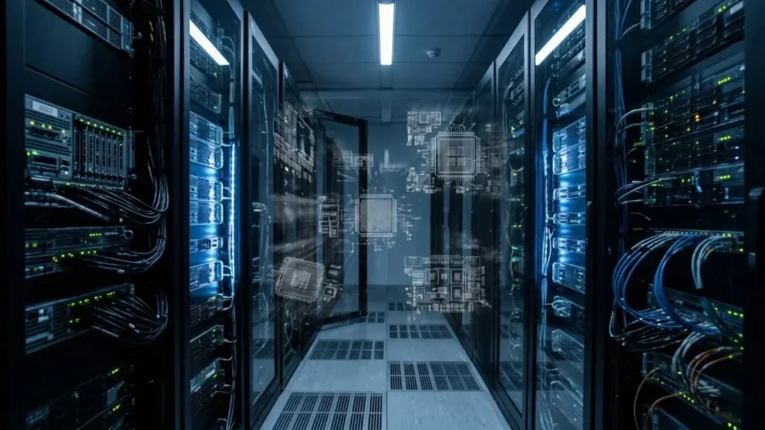 A conceptual visualization of hardware blueprints and proprietary schematics leaking from a secure server environment following the Foxconn ransomware breach.