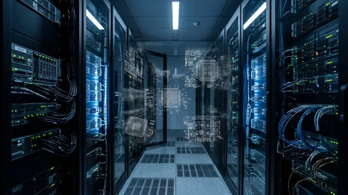 A conceptual visualization of hardware blueprints and proprietary schematics leaking from a secure server environment following the Foxconn ransomware breach.