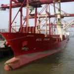 A large red container ship docked at the Port of Shanghai, symbolizing Asia-Pacific supply chain trade routes