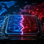 AI-generated concept illustration of a semiconductor chip split into two glowing halves — blue representing Western digital architecture, red representing China's independent AI infrastructure — symbolizing the global tech divide between Nvidia and Huawei.