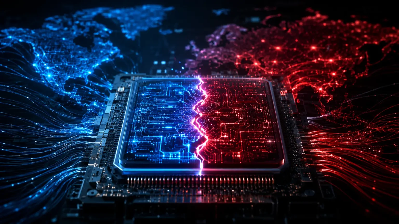 AI-generated concept illustration of a semiconductor chip split into two glowing halves — blue representing Western digital architecture, red representing China's independent AI infrastructure — symbolizing the global tech divide between Nvidia and Huawei.