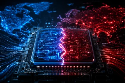 AI-generated concept illustration of a semiconductor chip split into two glowing halves — blue representing Western digital architecture, red representing China's independent AI infrastructure — symbolizing the global tech divide between Nvidia and Huawei.