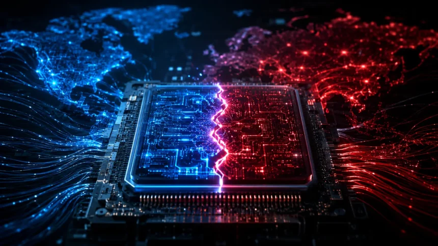 AI-generated concept illustration of a semiconductor chip split into two glowing halves — blue representing Western digital architecture, red representing China's independent AI infrastructure — symbolizing the global tech divide between Nvidia and Huawei.