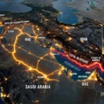 A conceptual map illustrating a total blockade at the Strait of Hormuz in the Persian Gulf, contrasted with glowing overland trade routes connecting the Middle East directly to Europe through Türkiye.