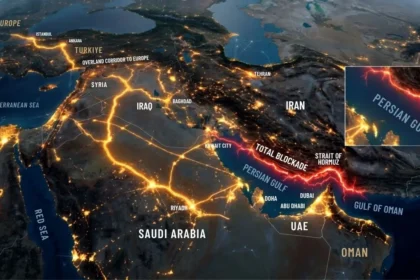 A conceptual map illustrating a total blockade at the Strait of Hormuz in the Persian Gulf, contrasted with glowing overland trade routes connecting the Middle East directly to Europe through Türkiye.