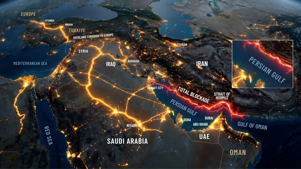 A conceptual map illustrating a total blockade at the Strait of Hormuz in the Persian Gulf, contrasted with glowing overland trade routes connecting the Middle East directly to Europe through Türkiye.