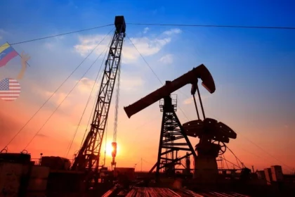 Oil pump jack at sunset with Venezuelan and American flags, symbolizing the geopolitical energy interests between Venezuela and the United States in 2026