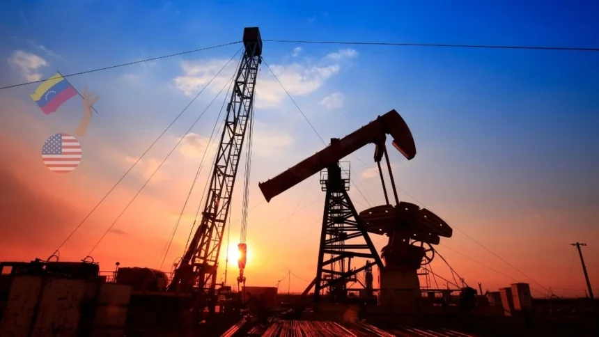 Oil pump jack at sunset with Venezuelan and American flags, symbolizing the geopolitical energy interests between Venezuela and the United States in 2026