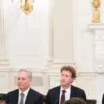 Technology industry leaders meet with President Trump at a White House dinner, in an image released by the White House