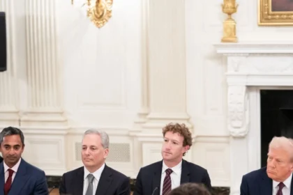 Technology industry leaders meet with President Trump at a White House dinner, in an image released by the White House