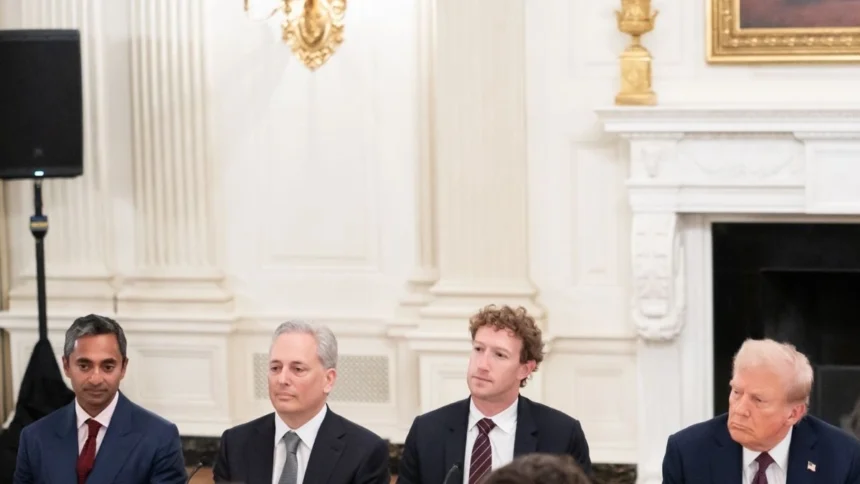 Technology industry leaders meet with President Trump at a White House dinner, in an image released by the White House
