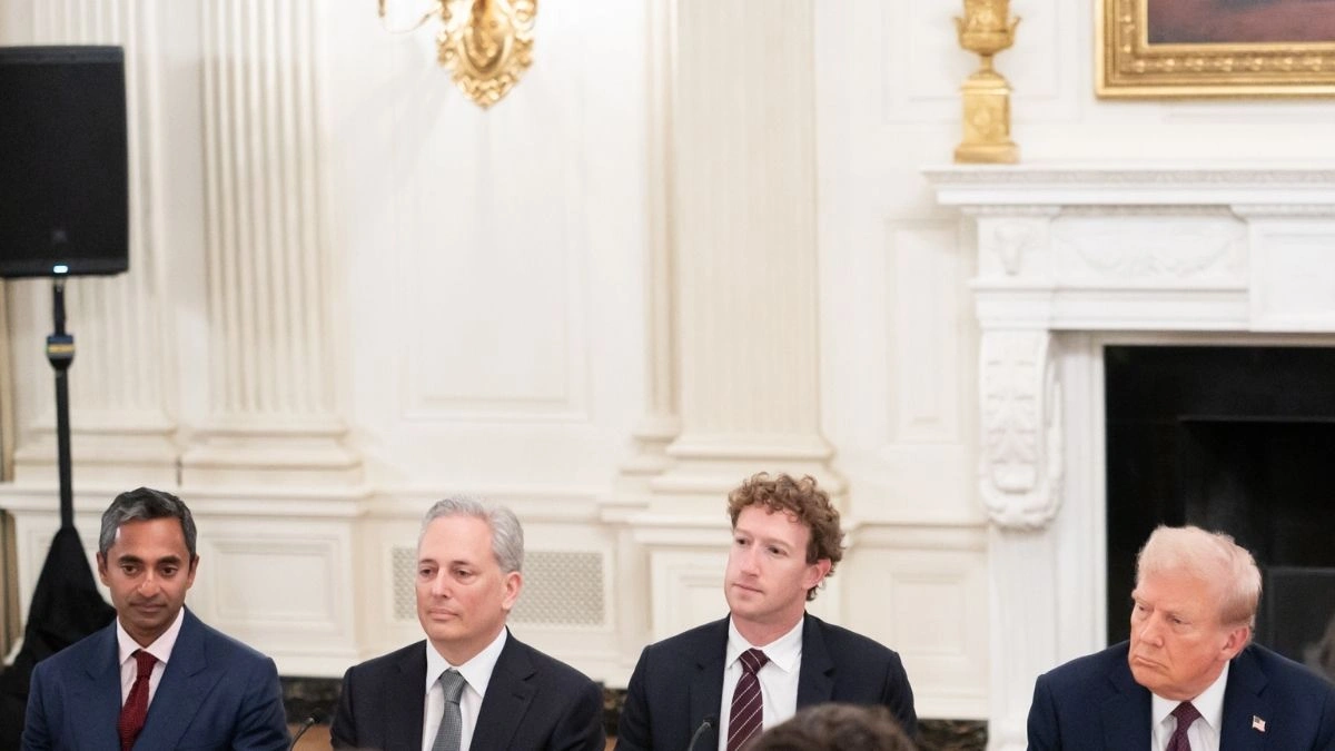Technology industry leaders meet with President Trump at a White House dinner, in an image released by the White House