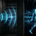 A WiFi router mounted on a dark concrete wall emitting radio frequency waves through a structural barrier to map a walking human skeleton as a digital blue wireframe mesh.
