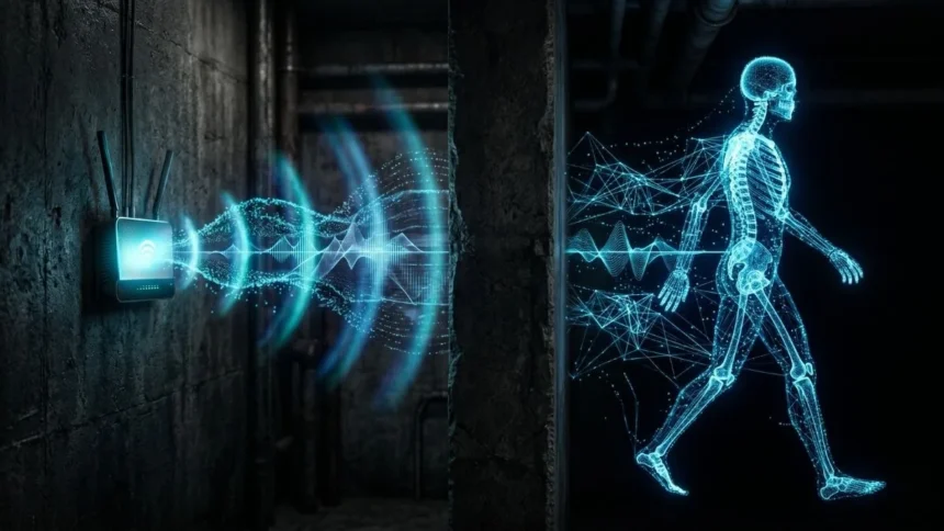 A WiFi router mounted on a dark concrete wall emitting radio frequency waves through a structural barrier to map a walking human skeleton as a digital blue wireframe mesh.