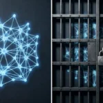 A glowing neural network freely visible on the left, and the same network locked behind government-sealed bars on the right, illustrating Anthropic's split release of Fable 5 for the public and Mythos 5 for government partners