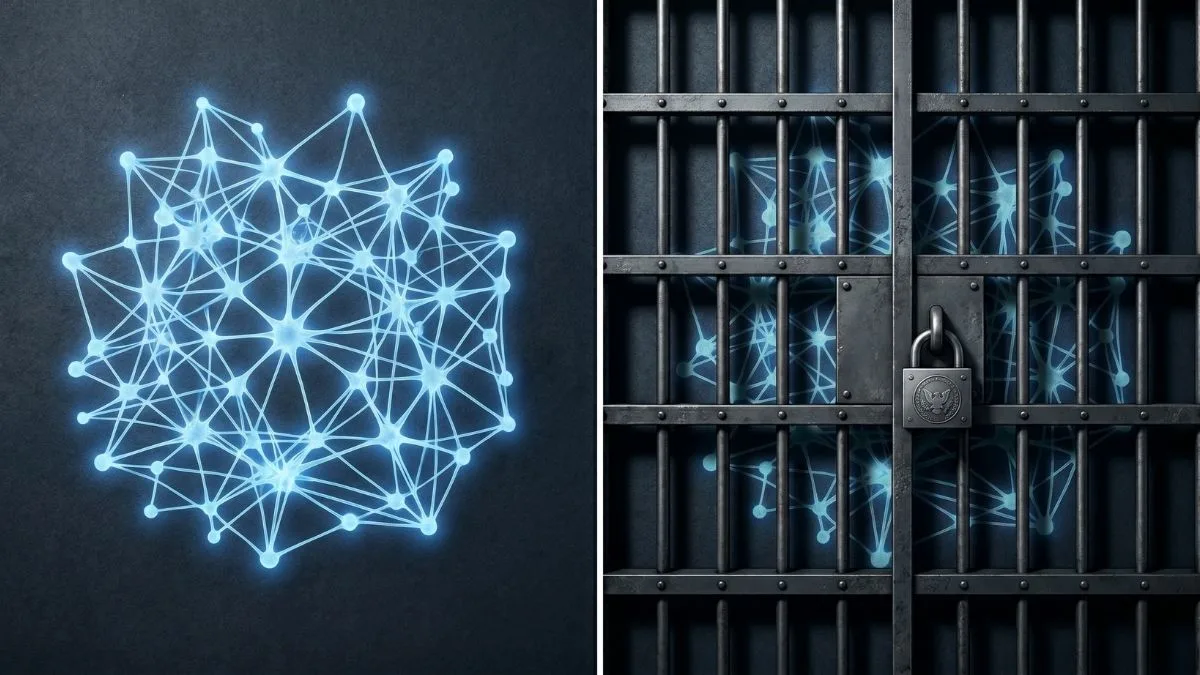 A glowing neural network freely visible on the left, and the same network locked behind government-sealed bars on the right, illustrating Anthropic's split release of Fable 5 for the public and Mythos 5 for government partners
