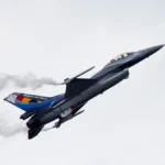 Belgian Air Force F-16 Fighting Falcon fighter jet in flight near Kleine Brogel Air Base, Belgium
