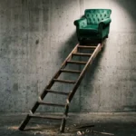 A surreal conceptual editorial illustration featuring a broken wooden ladder suspended in mid-air with an emerald green armchair at the top, symbolizing the disconnected corporate hierarchy and the isolation of senior executives.