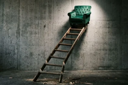 A surreal conceptual editorial illustration featuring a broken wooden ladder suspended in mid-air with an emerald green armchair at the top, symbolizing the disconnected corporate hierarchy and the isolation of senior executives.
