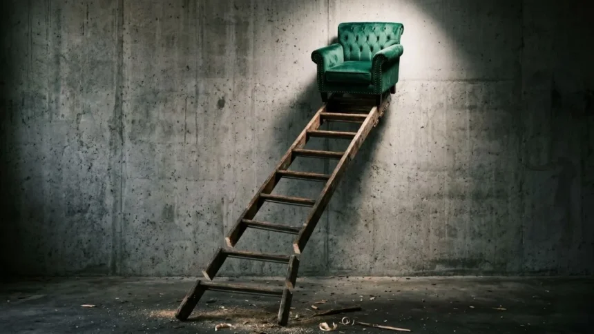 A surreal conceptual editorial illustration featuring a broken wooden ladder suspended in mid-air with an emerald green armchair at the top, symbolizing the disconnected corporate hierarchy and the isolation of senior executives.
