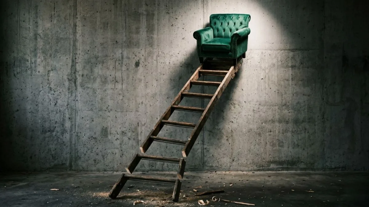 A surreal conceptual editorial illustration featuring a broken wooden ladder suspended in mid-air with an emerald green armchair at the top, symbolizing the disconnected corporate hierarchy and the isolation of senior executives.