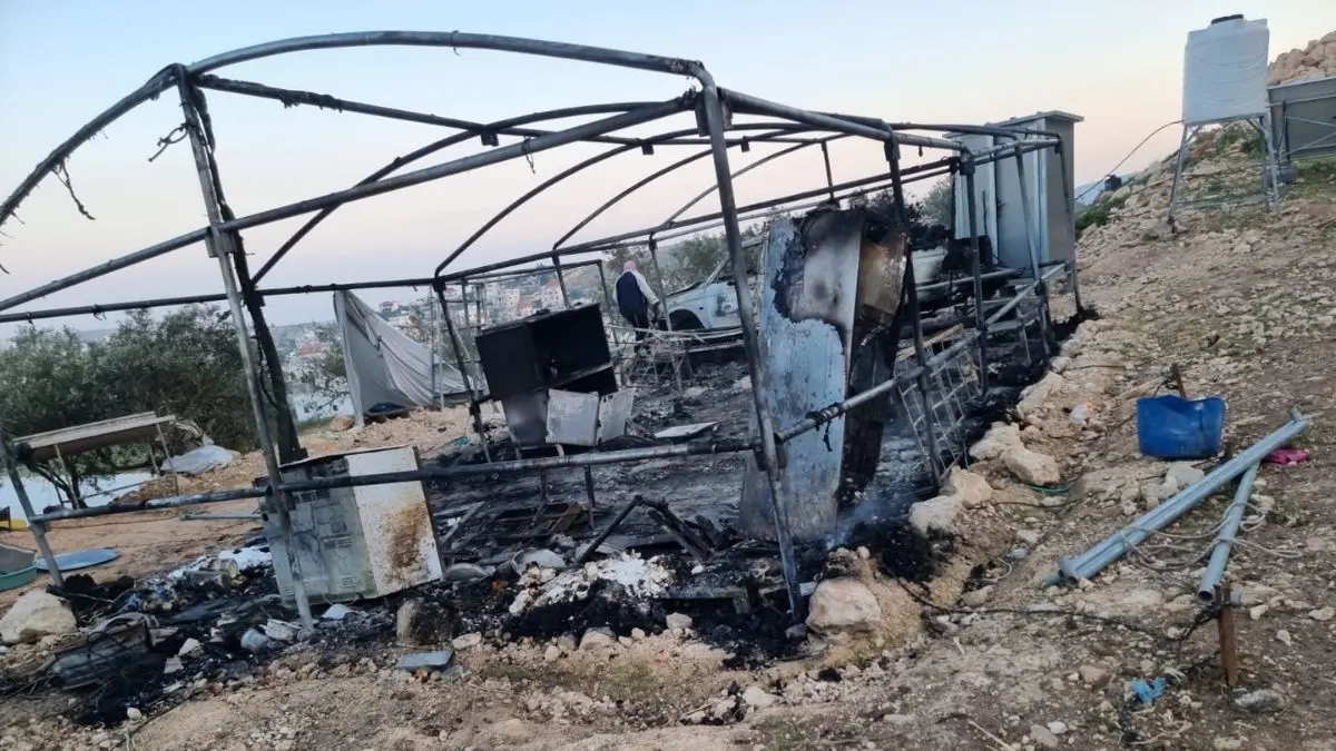 Greenhouse destroyed by armed colonist arson attack in Al-Mughayyir village, Ramallah governorate, occupied West Bank, April 2024