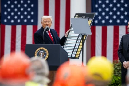 President Donald Trump holding a tariff chart during a press event in the White House Rose Garden in April 2025.