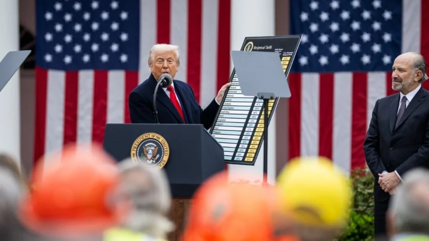 President Donald Trump holding a tariff chart during a press event in the White House Rose Garden in April 2025.