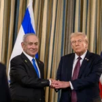 U.S. President Donald Trump and Israeli Prime Minister Benjamin Netanyahu shaking hands during a joint press conference at the White House
