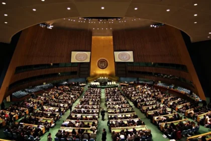 Wide view of the United Nations General Assembly hall during a diplomatic session, representing the venue for the 2027-2028 Security Council elections.