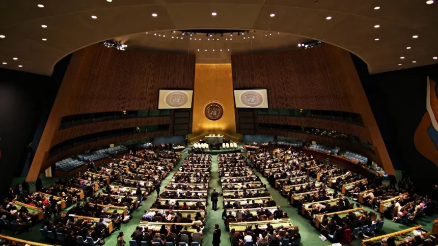 Wide view of the United Nations General Assembly hall during a diplomatic session, representing the venue for the 2027-2028 Security Council elections.