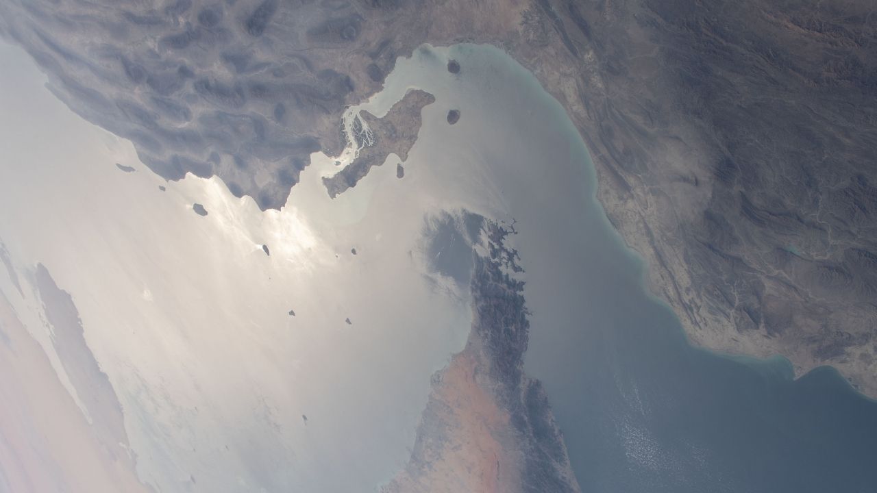 The Strait of Hormuz separating Iran and the United Arab Emirates as seen from the International Space Station